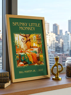 Spunky Little Monkey Classic Book Art Print by Bill Martin Jr. – framed print on a city-view windowsill