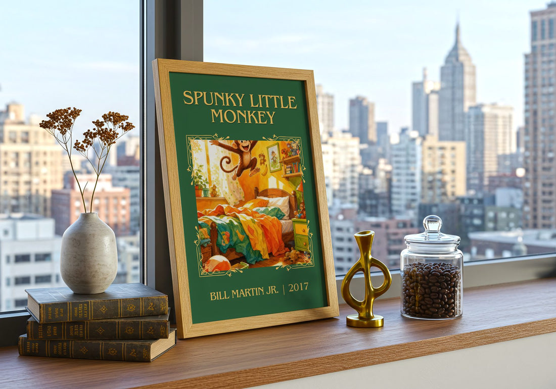 Spunky Little Monkey Classic Book Art Print by Bill Martin Jr. – framed print on a city-view windowsill