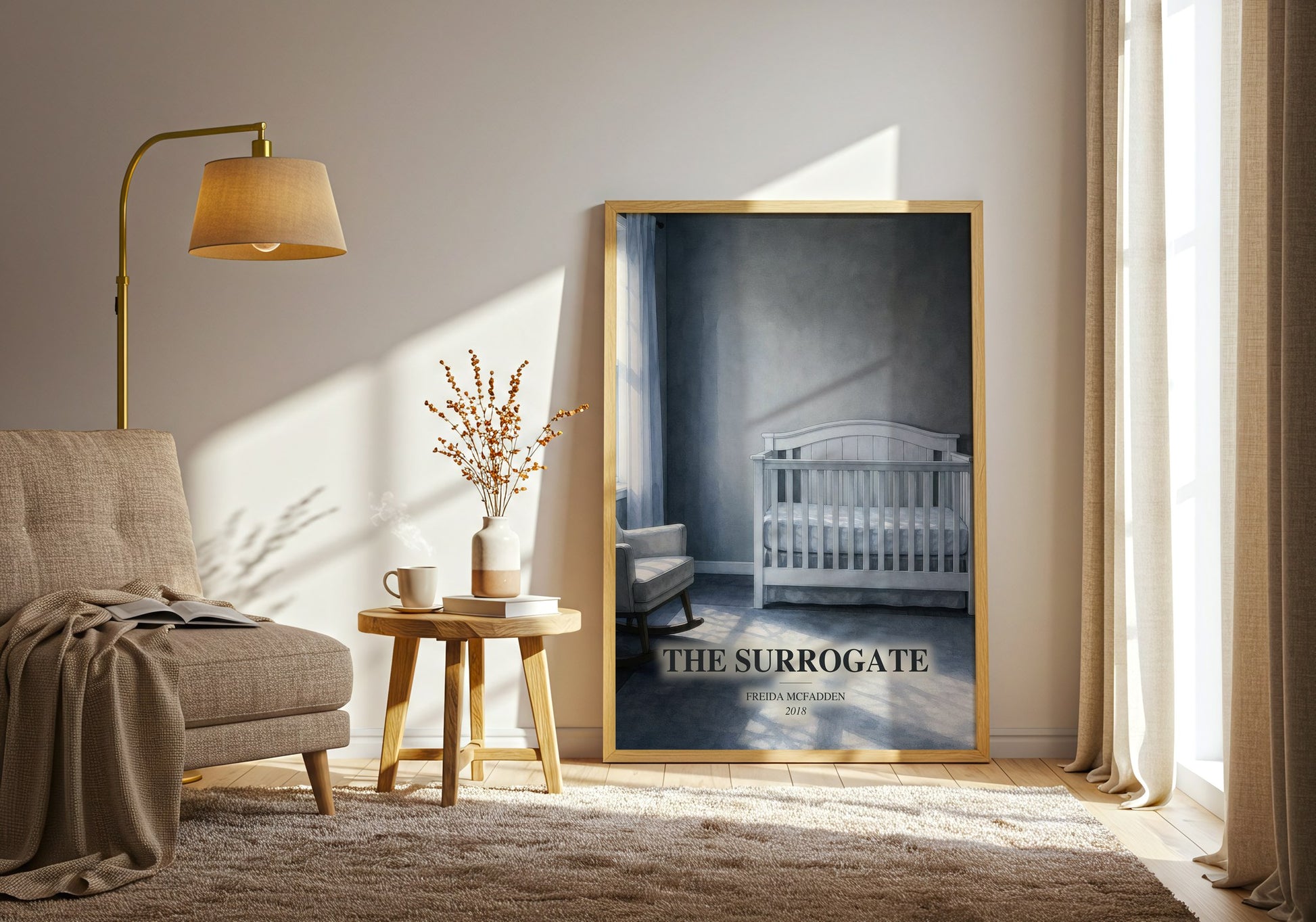 The Surrogate watercolour print in frame leaning in hallway – thriller wall art