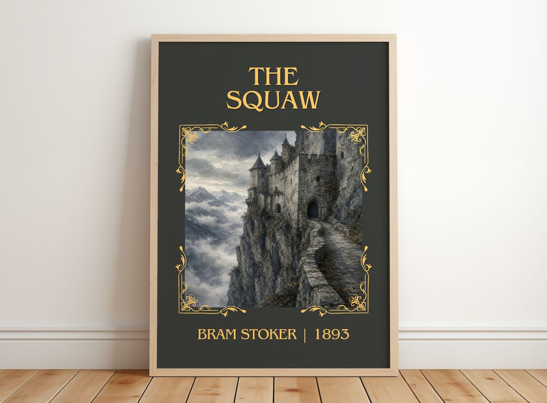 The Squaw Classic Book Art Print by Bram Stoker – framed print leaning on a wooden floor