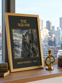 The Squaw Classic Book Art Print by Bram Stoker – framed print on a city-view windowsill