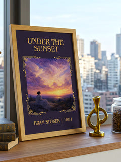 Under The Sunset Classic Book Art Print by Bram Stoker – framed print on a city-view windowsill
