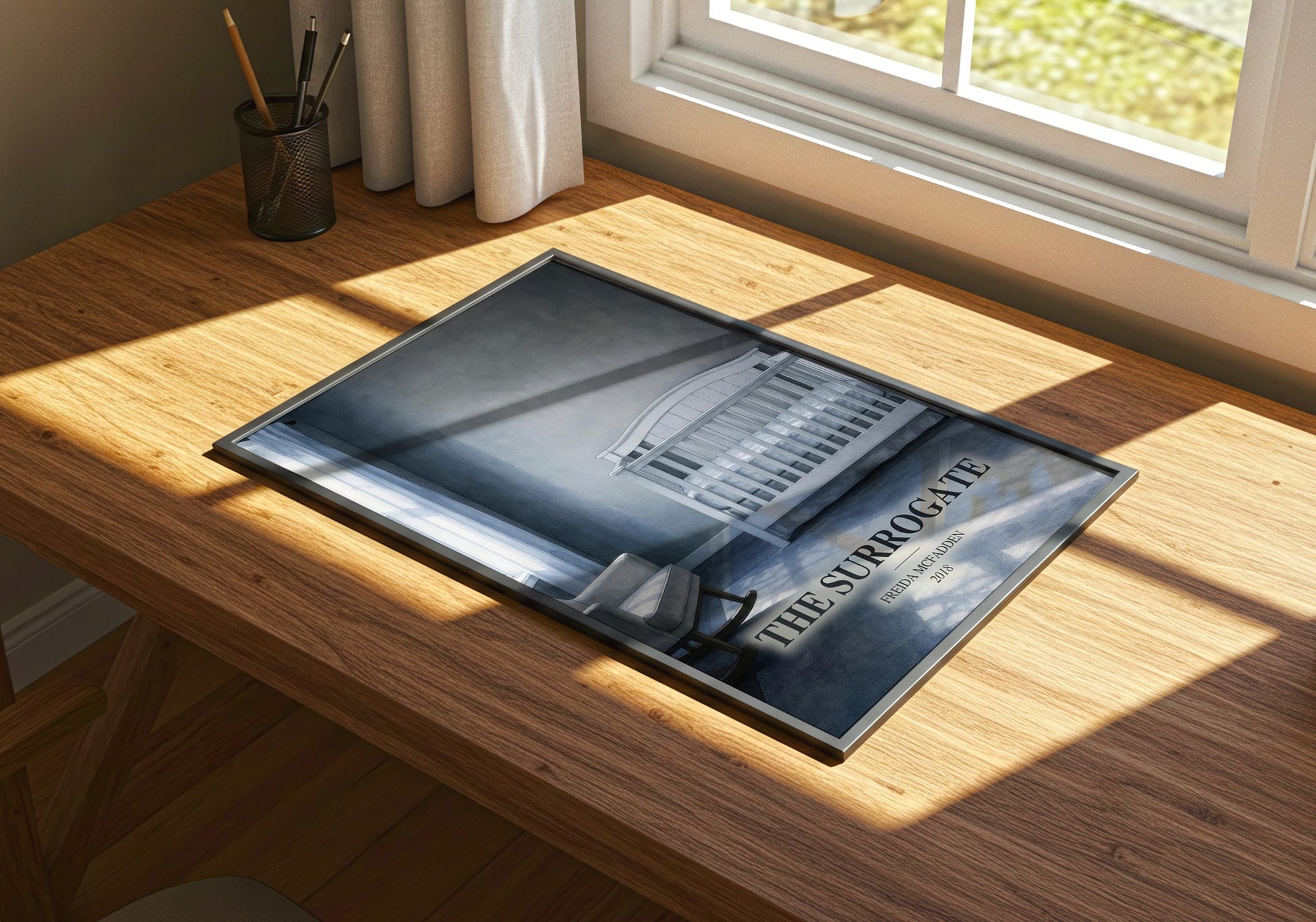 The Surrogate watercolour book poster framed on wall – thriller wall art