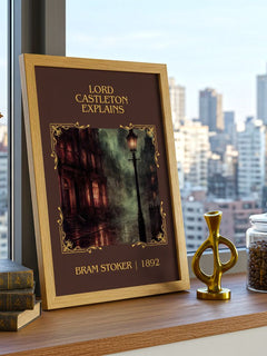 Lord Castleton Explains Classic Book Art Print by Bram Stoker – framed print on a city-view windowsill