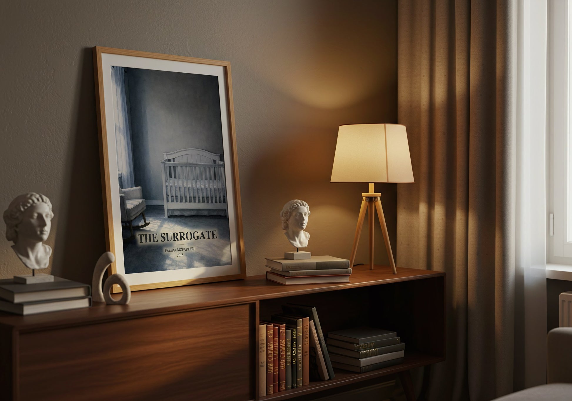 The Surrogate watercolour print on bookshelf – Freida Mcfadden fan gift