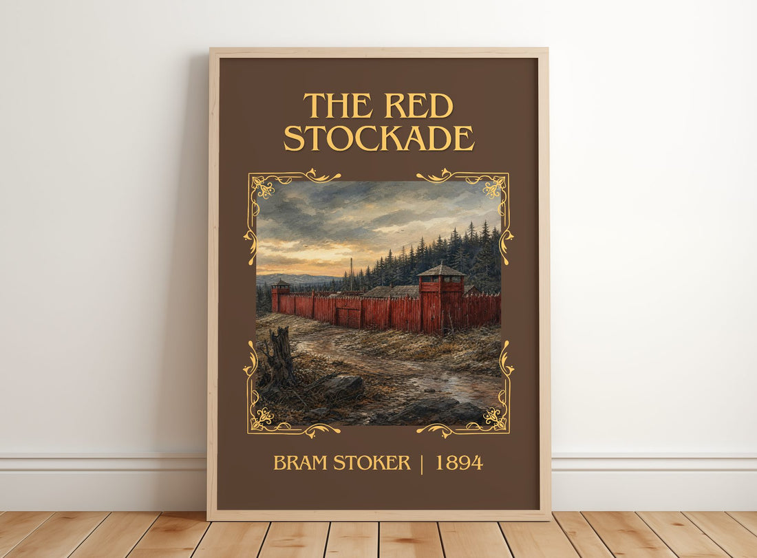 The Red Stockade Classic Book Art Print by Bram Stoker – framed print leaning on a wooden floor