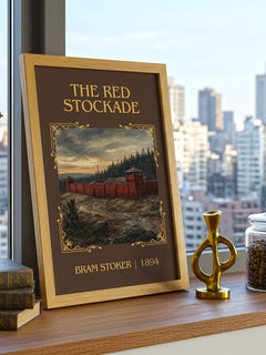The Red Stockade Classic Book Art Print by Bram Stoker – framed print on a city-view windowsill