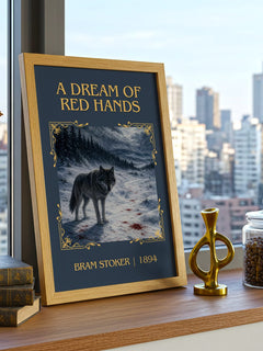 A Dream Of Red Hands Classic Book Art Print by Bram Stoker – framed print on a city-view windowsill