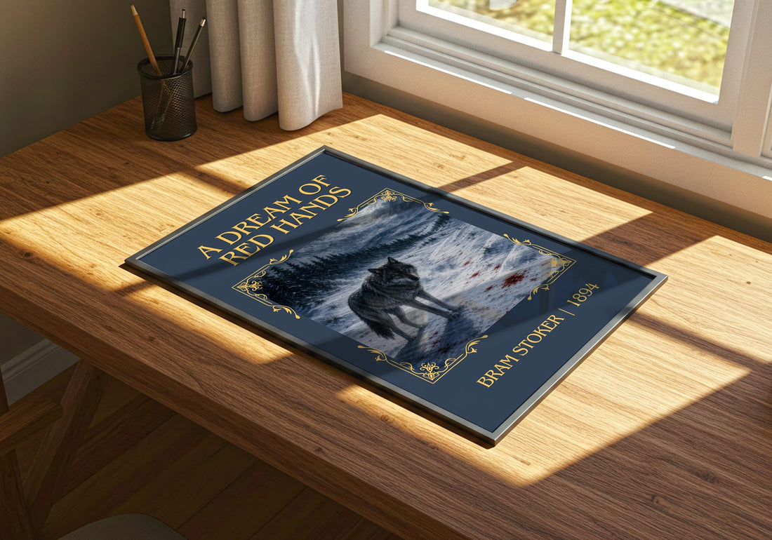 A Dream Of Red Hands Classic Book Art Print by Bram Stoker – print on a sunlit desk