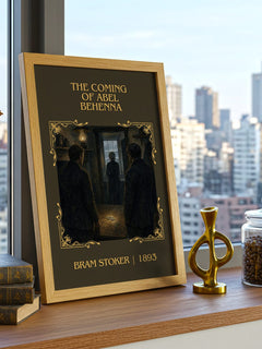 The Coming Of Abel Behenna Classic Book Art Print by Bram Stoker – framed print on a city-view windowsill