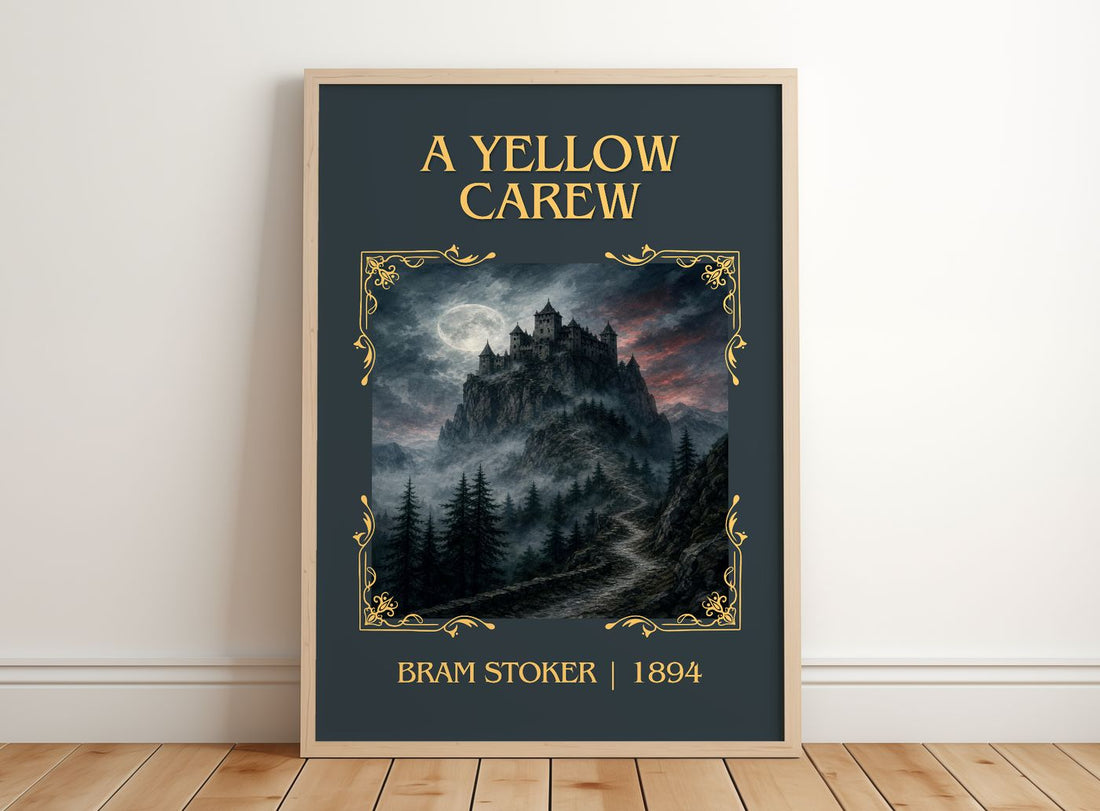 A Yellow Carew Classic Book Art Print by Bram Stoker – framed print leaning on a wooden floor