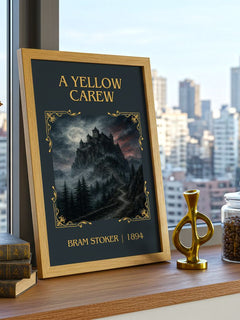 A Yellow Carew Classic Book Art Print by Bram Stoker – framed print on a city-view windowsill