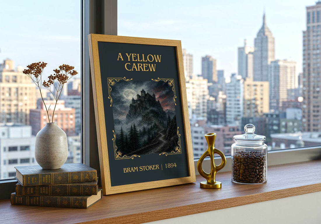 A Yellow Carew Classic Book Art Print by Bram Stoker – framed print on a city-view windowsill