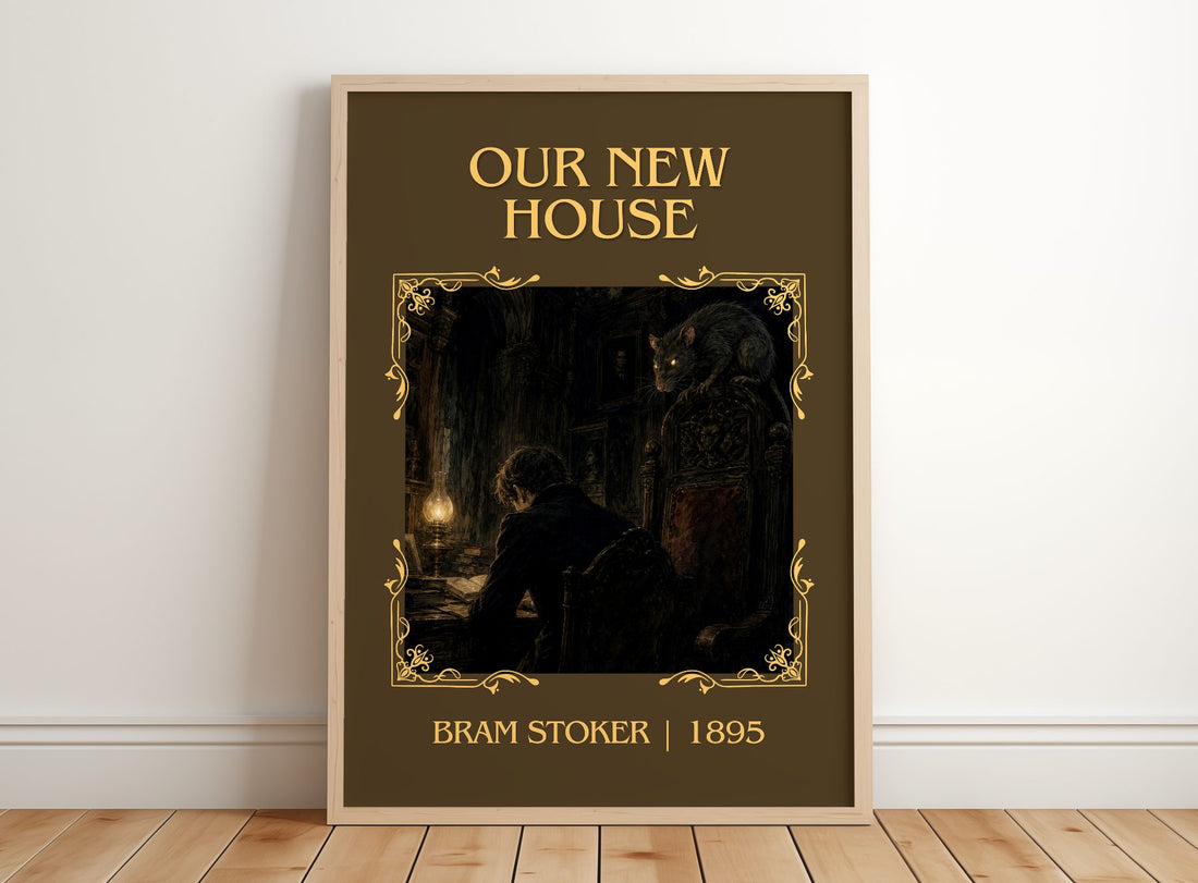 Our New House Classic Book Art Print by Bram Stoker – framed print leaning on a wooden floor
