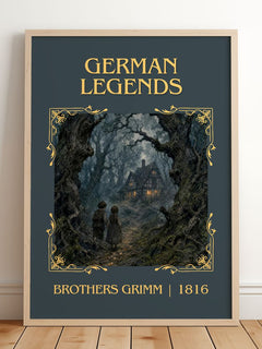 German Legends Classic Book Art Print by Brothers Grimm – framed print leaning on a wooden floor