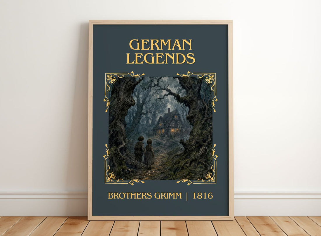 German Legends Classic Book Art Print by Brothers Grimm – framed print leaning on a wooden floor