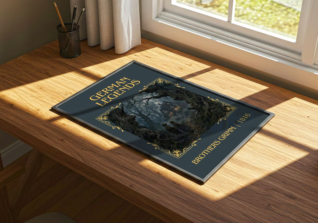 German Legends Classic Book Art Print by Brothers Grimm – print on a sunlit desk