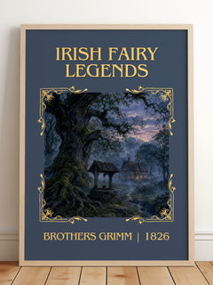 Irish Fairy Legends Classic Book Art Print by Brothers Grimm – framed print leaning on a wooden floor
