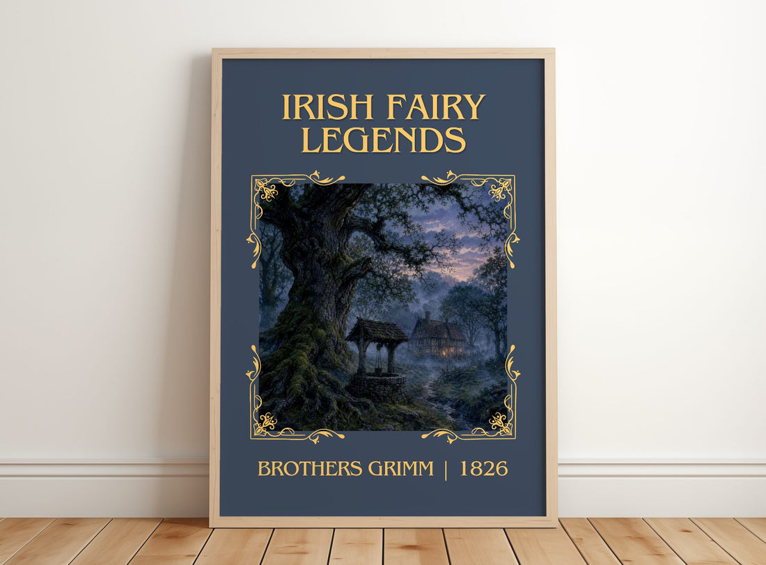 Irish Fairy Legends Classic Book Art Print by Brothers Grimm – framed print leaning on a wooden floor