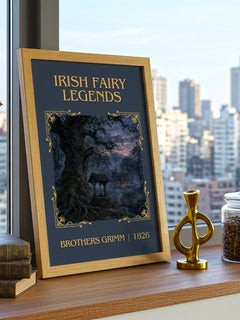Irish Fairy Legends Classic Book Art Print by Brothers Grimm – framed print on a city-view windowsill