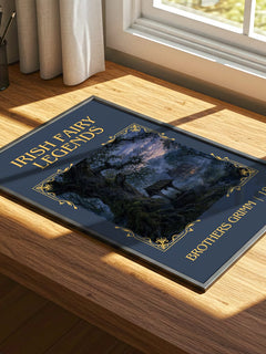 Irish Fairy Legends Classic Book Art Print by Brothers Grimm – print on a sunlit desk