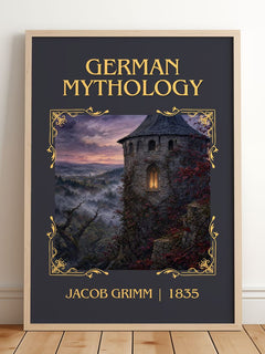 German Mythology Classic Book Art Print by Jacob Grimm – framed print leaning on a wooden floor