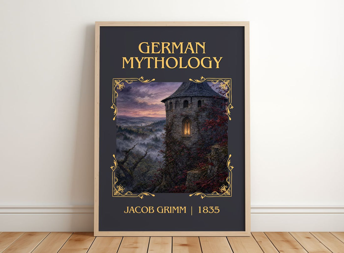 German Mythology Classic Book Art Print by Jacob Grimm – framed print leaning on a wooden floor