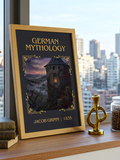 German Mythology Classic Book Art Print by Jacob Grimm – framed print on a city-view windowsill