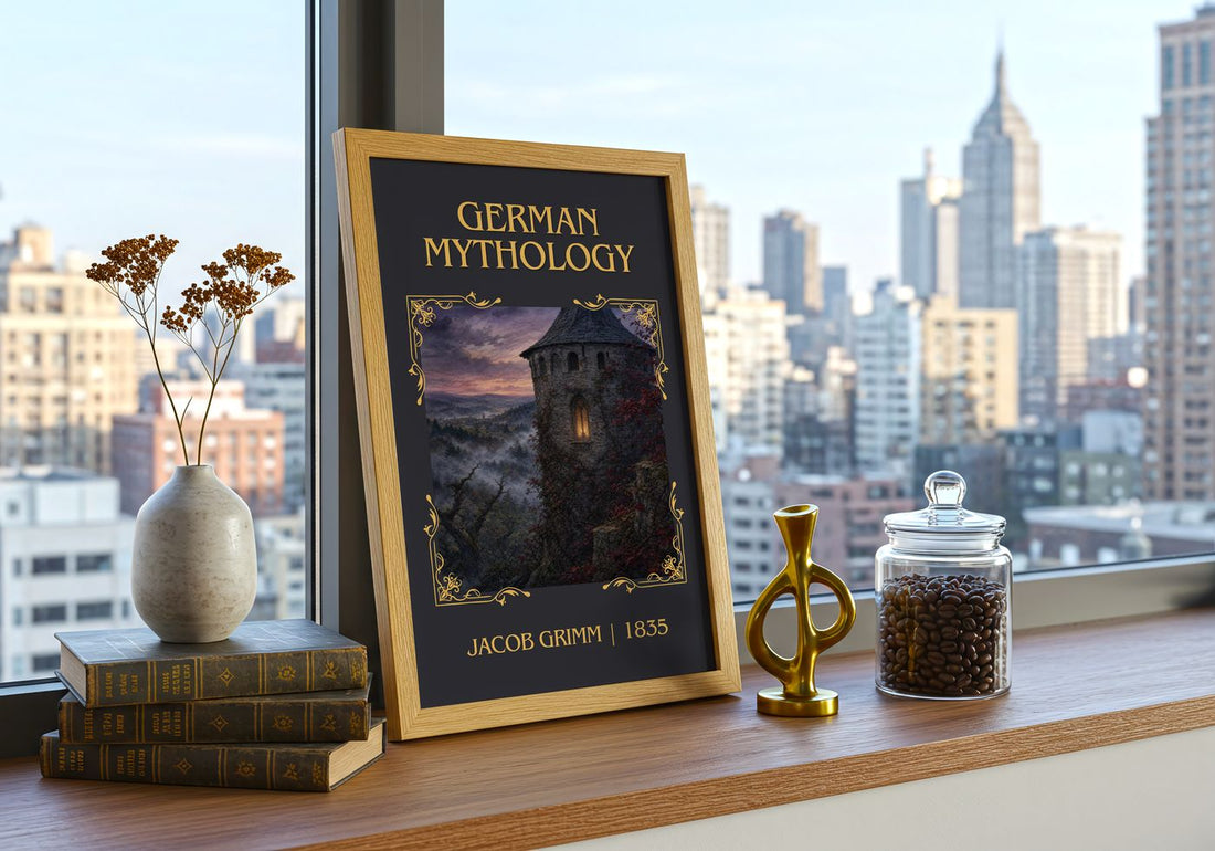 German Mythology Classic Book Art Print by Jacob Grimm – framed print on a city-view windowsill