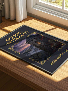 German Mythology Classic Book Art Print by Jacob Grimm – print on a sunlit desk
