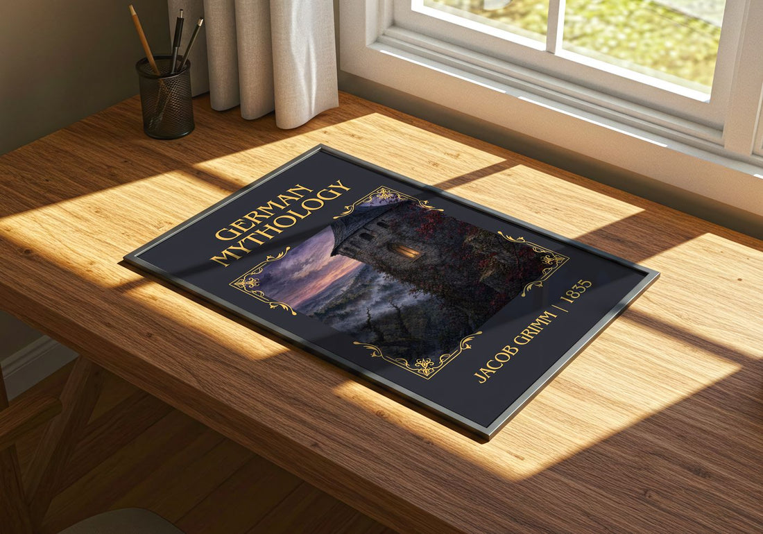 German Mythology Classic Book Art Print by Jacob Grimm – print on a sunlit desk