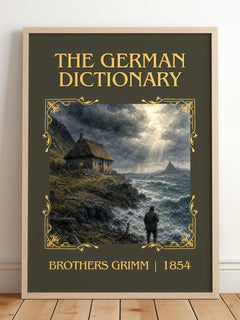 The German Dictionary Classic Book Art Print by Brothers Grimm – framed print leaning on a wooden floor