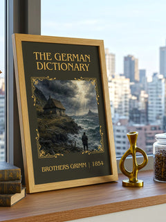 The German Dictionary Classic Book Art Print by Brothers Grimm – framed print on a city-view windowsill