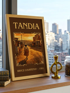 Tandia Classic Book Art Print by Bryce Courtenay – framed print on a city-view windowsill
