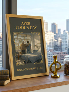 April Fool'S Day Classic Book Art Print by Bryce Courtenay – framed print on a city-view windowsill