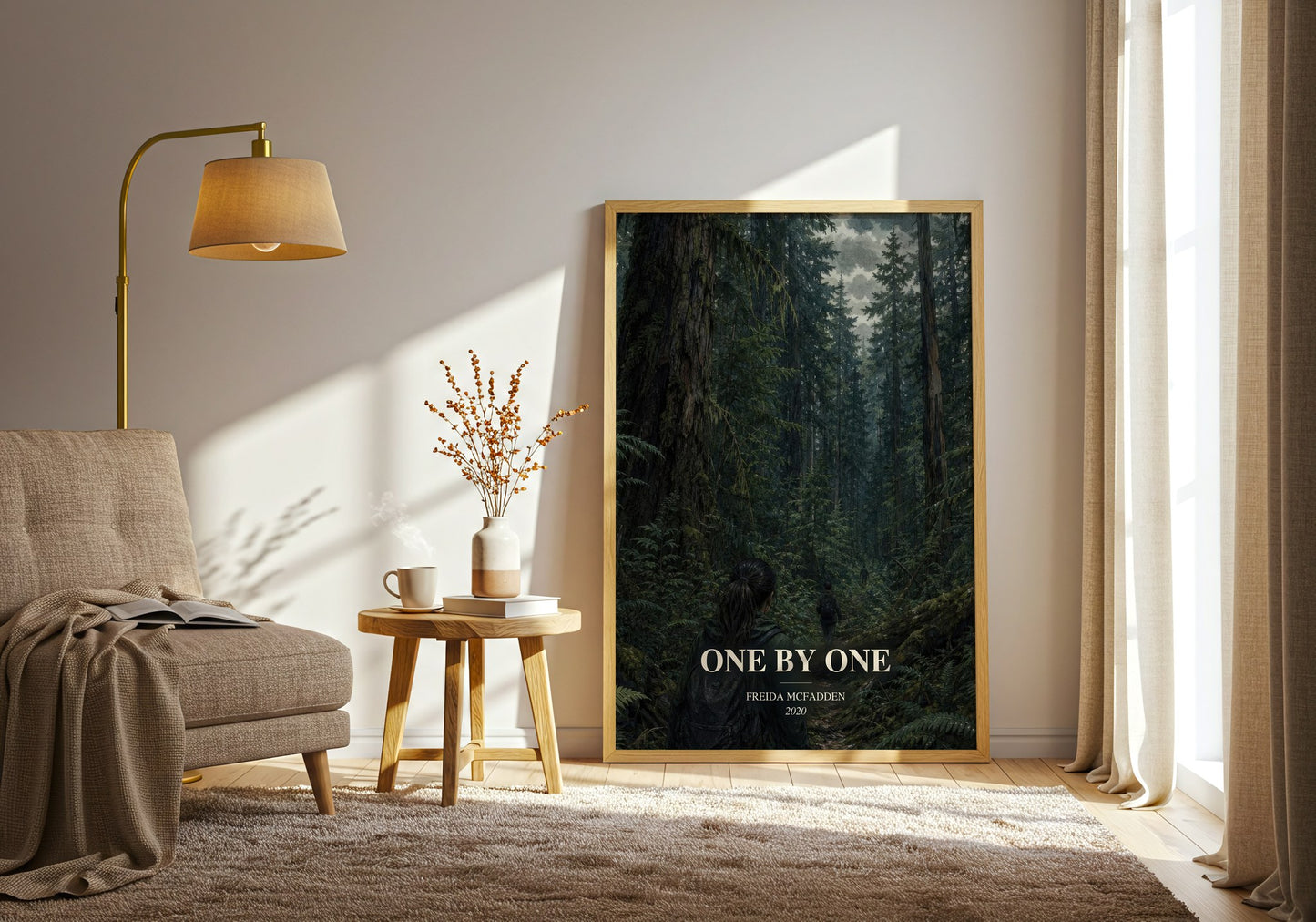 One By One watercolour print in frame leaning in hallway – thriller wall art