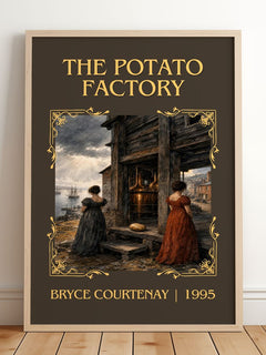 The Potato Factory Classic Book Art Print by Bryce Courtenay – framed print leaning on a wooden floor