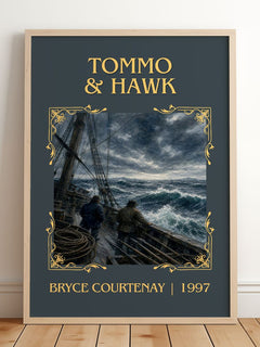 Tommo & Hawk Classic Book Art Print by Bryce Courtenay – framed print leaning on a wooden floor