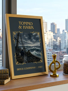 Tommo & Hawk Classic Book Art Print by Bryce Courtenay – framed print on a city-view windowsill