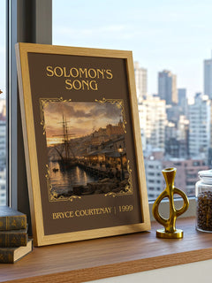 Solomon'S Song Classic Book Art Print by Bryce Courtenay – framed print on a city-view windowsill
