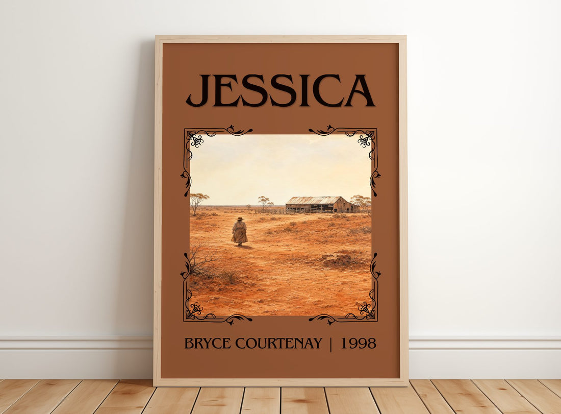 Jessica Classic Book Art Print by Bryce Courtenay – framed print leaning on a wooden floor