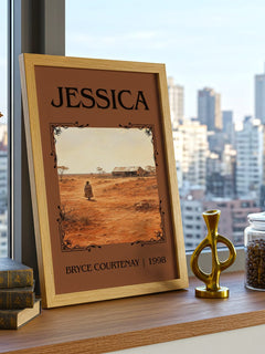 Jessica Classic Book Art Print by Bryce Courtenay – framed print on a city-view windowsill