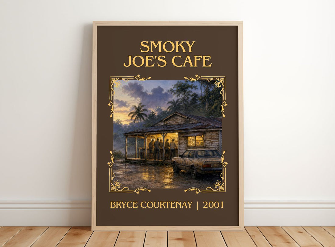 Smoky Joe'S Cafe Classic Book Art Print by Bryce Courtenay – framed print leaning on a wooden floor