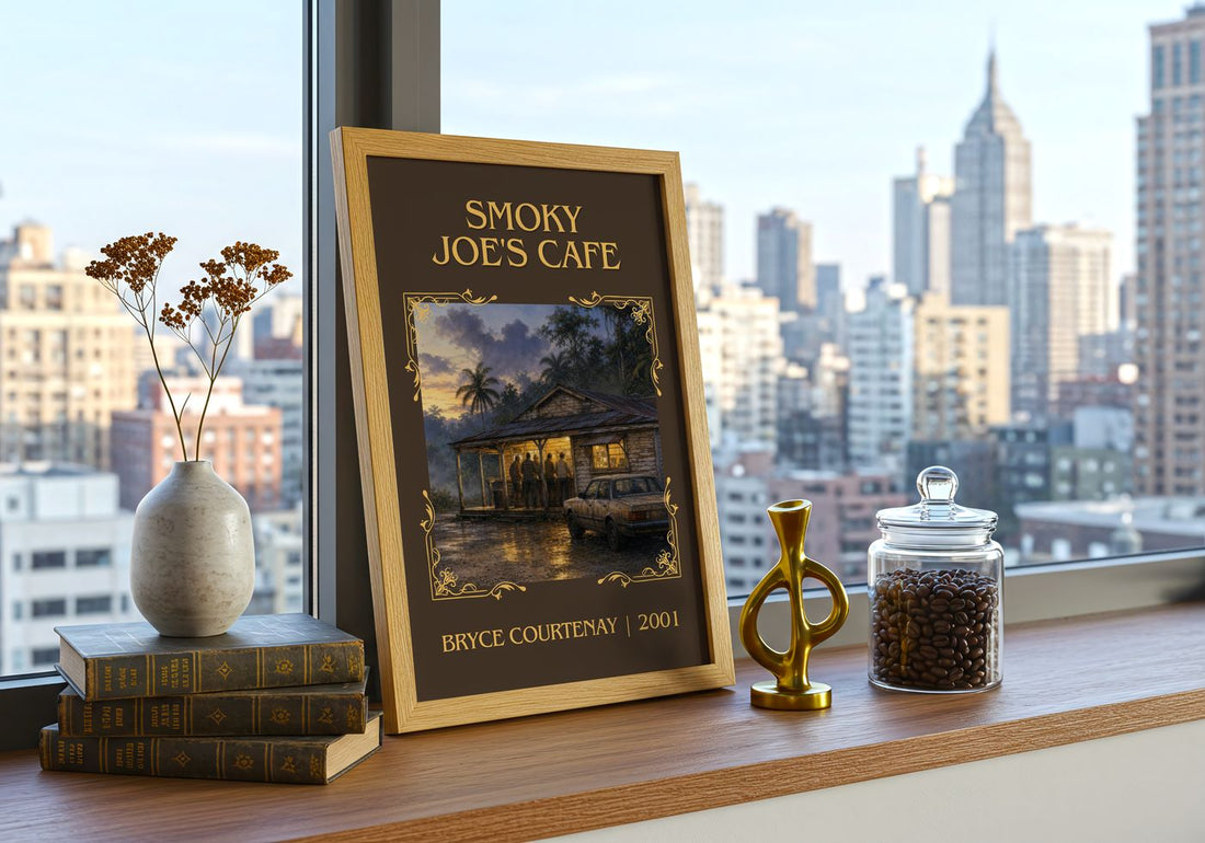 Smoky Joe'S Cafe Classic Book Art Print by Bryce Courtenay – framed print on a city-view windowsill