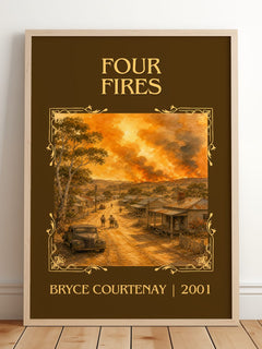 Four Fires Classic Book Art Print by Bryce Courtenay – framed print leaning on a wooden floor
