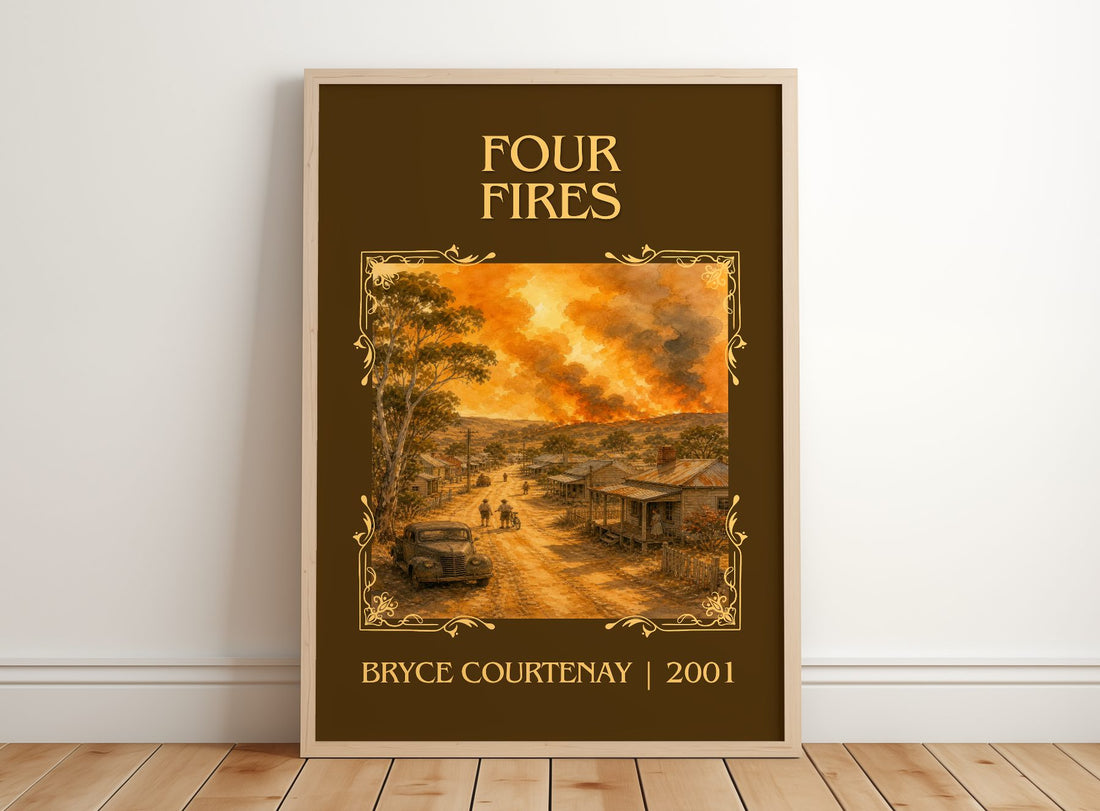 Four Fires Classic Book Art Print by Bryce Courtenay – framed print leaning on a wooden floor
