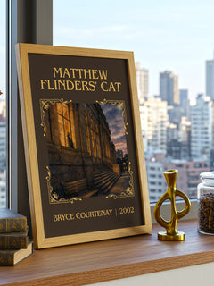Matthew Flinders' Cat Classic Book Art Print by Bryce Courtenay – framed print on a city-view windowsill