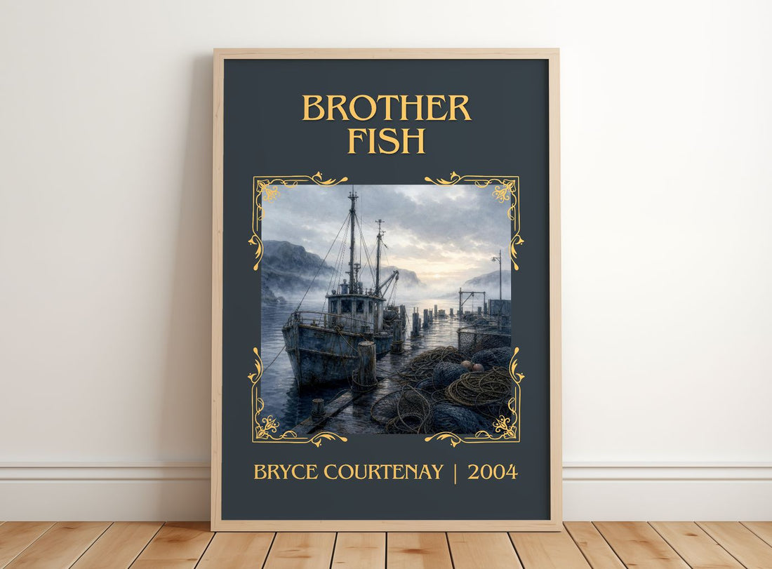 Brother Fish Classic Book Art Print by Bryce Courtenay – framed print leaning on a wooden floor