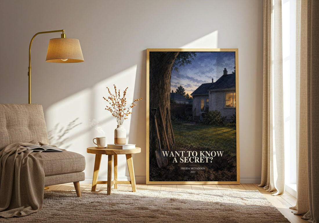Want To Know A Secret? watercolour print in frame leaning in hallway – thriller wall art (mockup)