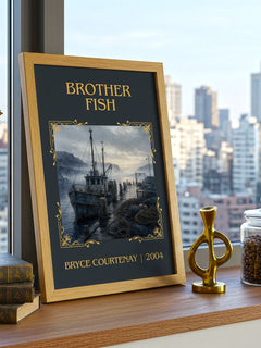 Brother Fish Classic Book Art Print by Bryce Courtenay – framed print on a city-view windowsill